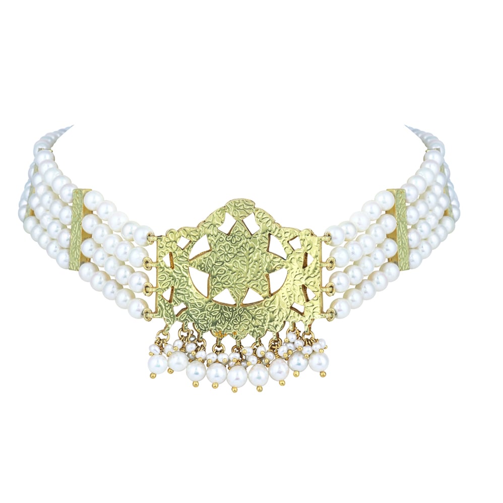 Polki Choker with Pearl Strands and Geometric Central Motif
